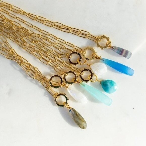 Beautiful Necklace Gemstone Pendant Gold Paperclip Chain Moonstone Labradorite - Picture 3 of 12